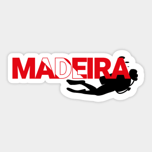 The word Madeira filled with the diving flag colours and a scuba diver Sticker